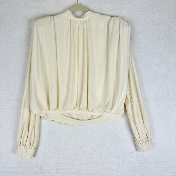 Express Gathered Mock Neck Long Sleeve Top Size Medium Statement Shoulder Cream - Picture 2 of 6